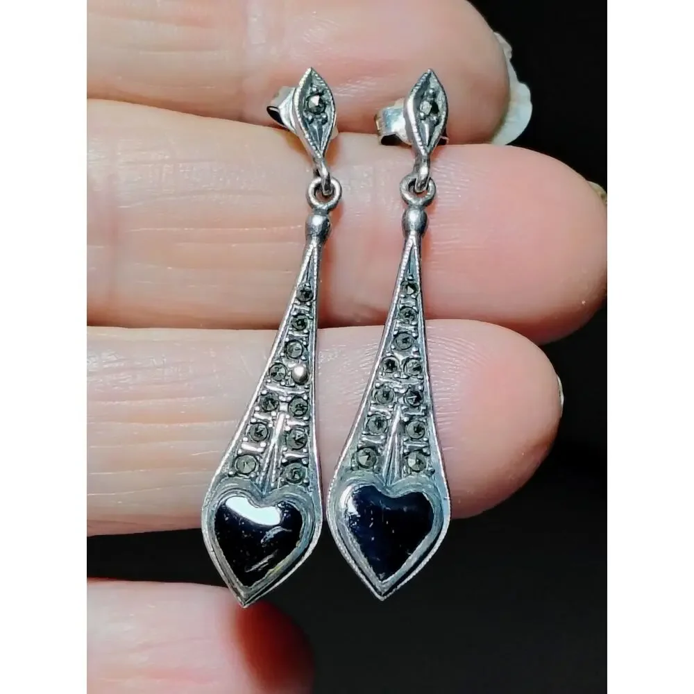 925 Silver Marcasite Black Heart Earrings